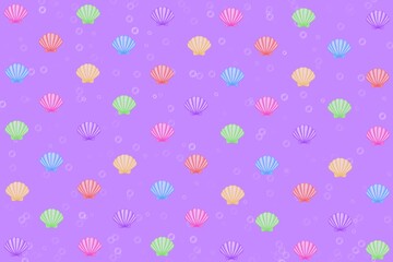 seamless pattern, seamless pattern with seashell, purple background, purple, purple background with shellfish and bubbles, shellfish, shell, scallop, colorful, wallpaper, fabric, wrapping, card