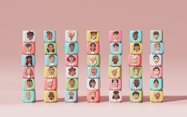 Cubes, building toy blocks with people's portraits set in charts, showing the team. Business, management, Human resources concept 3D reddening