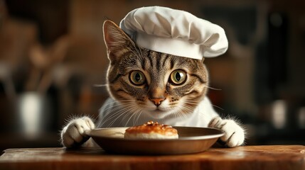 A charming cat in a chef's hat focuses intently as it places a delicious-looking dish on the table, showcasing its culinary skills in an engaging cooking contest