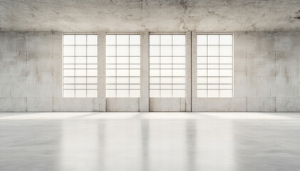 Obraz premium Empty Industrial Space with Large Windows and Concrete Floor