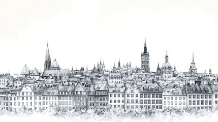 Fototapeta premium Trondheim, Norway, black and white pen pencil hand-drawn effect drawing illustration for travel poster, card, wallpaper, backdrop or banner. Modern, clear, artistic and simple