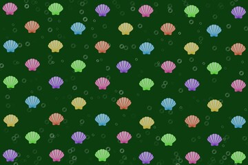 seamless pattern, seamless pattern with seashell, green background, green, green background with shellfish and bubbles, shellfish, shell, scallop, colorful, wallpaper, fabric, wrapping, towel design