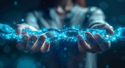 Businessman on blurred background holding and touching 3D rendering digital data chain