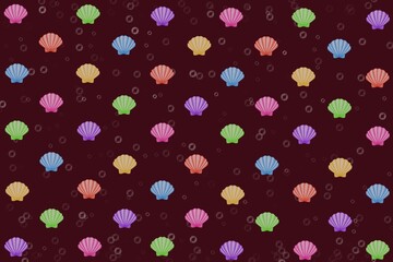 seamless pattern, seamless pattern with seashell, red background, red, red background with shellfish and bubbles, shellfish, shell, scallop, colorful, wallpaper, fabric, wrapping, card, paper, bubble