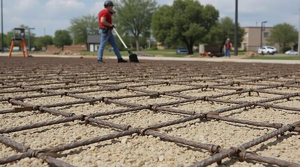 Construction worker with rebar and gravel for concrete pouring