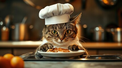 In a charming kitchen, a focused cat chef, wearing a chef's hat, is skillfully preparing a delicious meal on the countertop, showcasing culinary talent