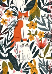 Cat and Flowers Illustration Seamless Pattern