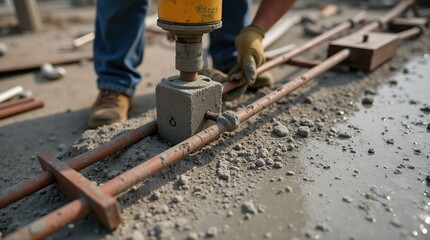 Worker preparing concrete foundation with rebar installation at construction site