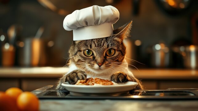 In a charming kitchen, a focused cat chef, wearing a chef's hat, is skillfully preparing a delicious meal on the countertop, showcasing culinary talent