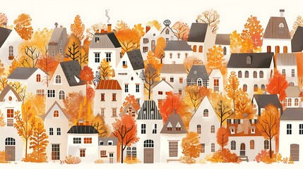 Autumn Village Illustration with Colorful Houses