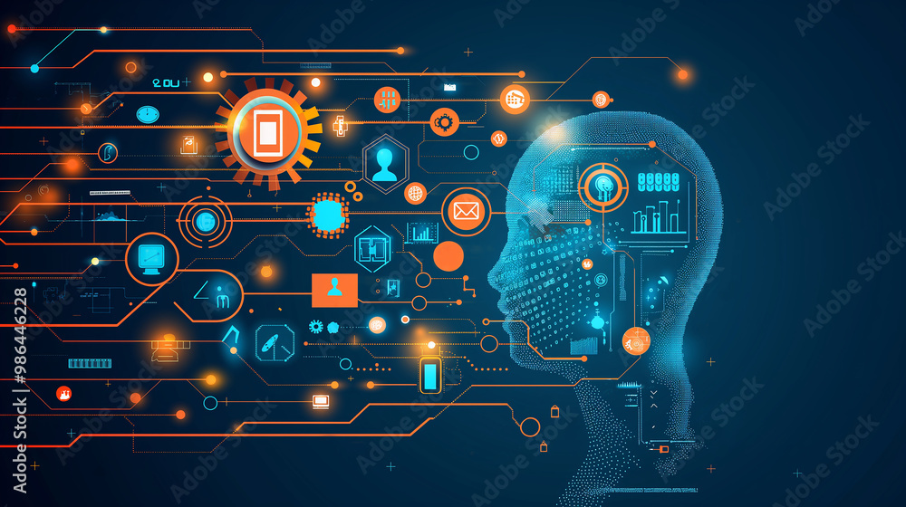 Poster the concept of llm, ai large language model with icons concept. ai deep learning to use for work sup