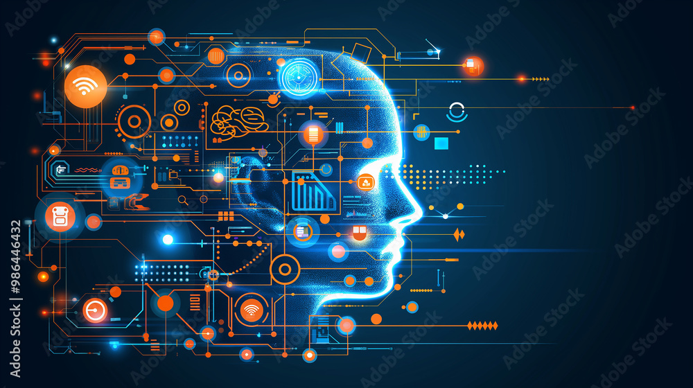 Poster the concept of llm,human head, ai large language model with icons concept. ai deep learning to use f
