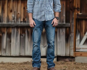 A man stands in front of a rustic wooden backdrop, wearing a checkered shirt and jeans, showcasing a casual outdoor look.