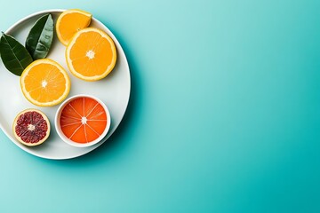 Fresh Orange Slices On White Plate With Green Leaves On Blue Background