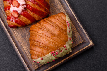 Crispy sweet red croissant with pistachio, raspberry and strawberry