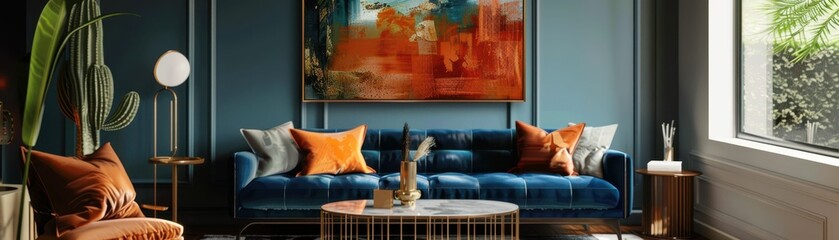 A stylish living room featuring a blue sofa, orange cushions, and vibrant artwork, enhanced by natural light and greenery.