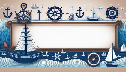 A nautical themed banner with a blank space for text, surrounded by anchors, ships, and other nautical icons. vector