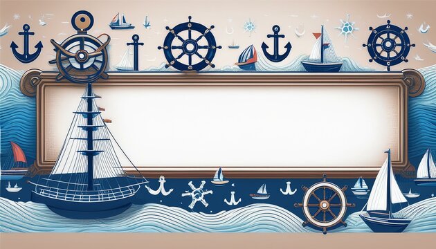 A nautical themed banner with a blank space for text, surrounded by anchors, ships, and other nautical icons. vector