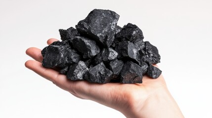 Hand Holding Coal Lumps on White Background