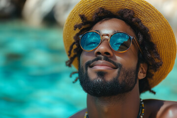 Portrait of handsome african american man in straw hat and sunglasses at swimming pool