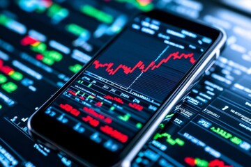Obraz premium A close-up of stock market data on a mobile phone, highlighting investment decisions and stock market volatility