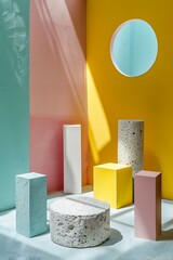 Abstract Minimalist Background with Colorful Shapes and Sunbeams