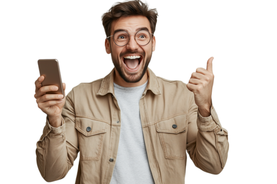 Cheerful young man in eyeglasses holding mobile phone and showing thumbs up isolated on transparent background.