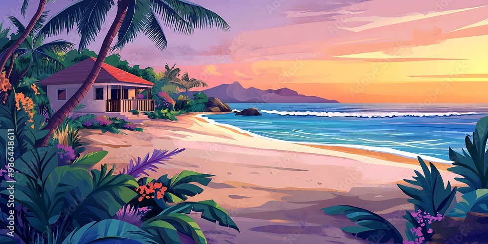 Wall mural Tropical Beach Sunset Illustration