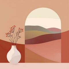 Abstract Minimalist Art Illustration With Vase And Flowers
