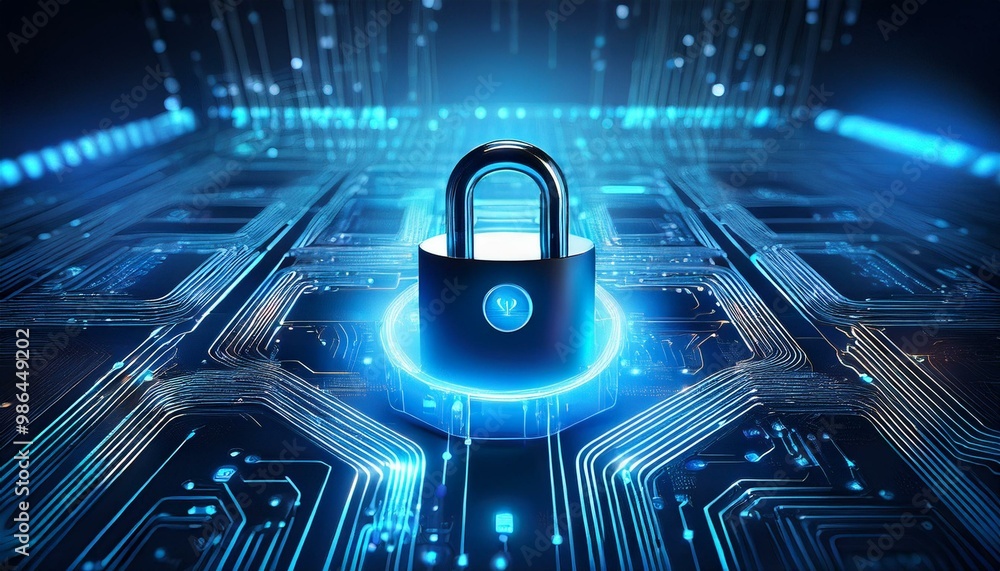 Poster a padlock secures a circuit board with glowing blue icons, representing digital security and data pr
