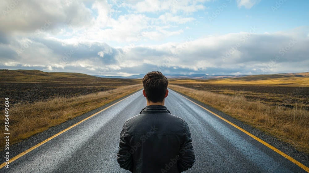 Poster man standing at a road junction deciding which way to go generative ai