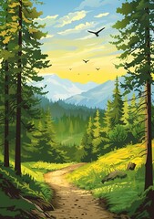 Obraz premium Mountain Forest Path Illustration