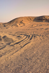 Sahara desert landscape at sunset, front focus, Egypt.