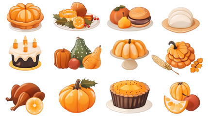 Food icons simple vector for Thanksgiving festival, PNG file, isolated on white, transparent background