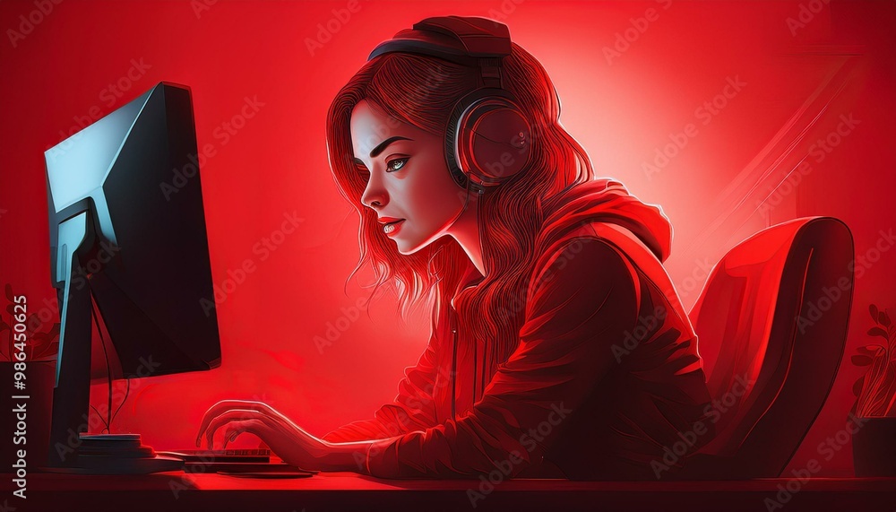 Poster a person in a red room, sitting in front of a computer with headphones on. the red light from the sc