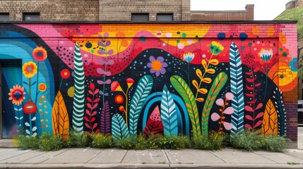 Vibrant Floral Mural on Brick Wall