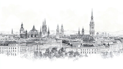 Fototapeta premium Vienna, Austria, black and white pen pencil hand-drawn effect drawing illustration for travel poster, card, wallpaper, backdrop or banner. Modern, clear, artistic and simple