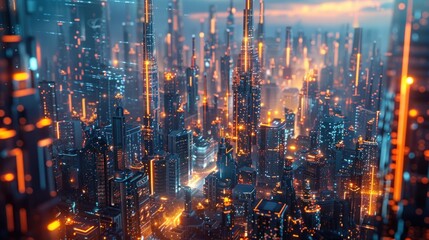 Fototapeta premium A futuristic cityscape with glowing holographic interfaces, showcasing dynamic lighting and advanced technology elements, incredibly detailed and intricate.