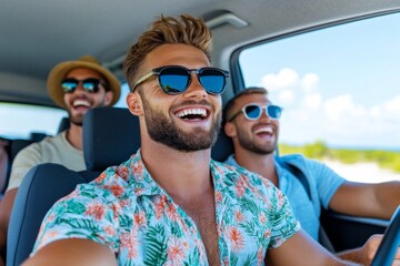 A group of friends enjoying a road trip, smiling and laughing as they drive through scenic landscapes