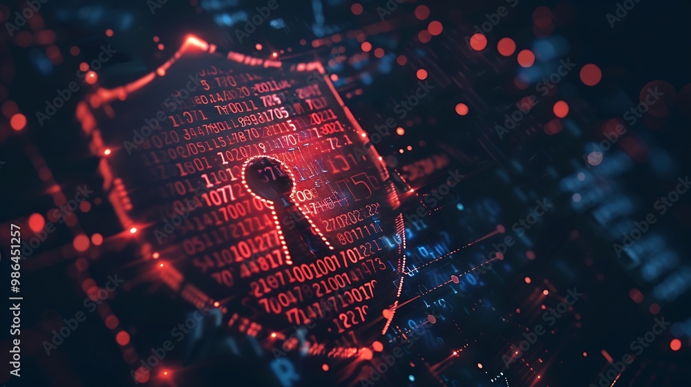 Poster cyber security concept with glowing red shield on dark background. 3d rendering