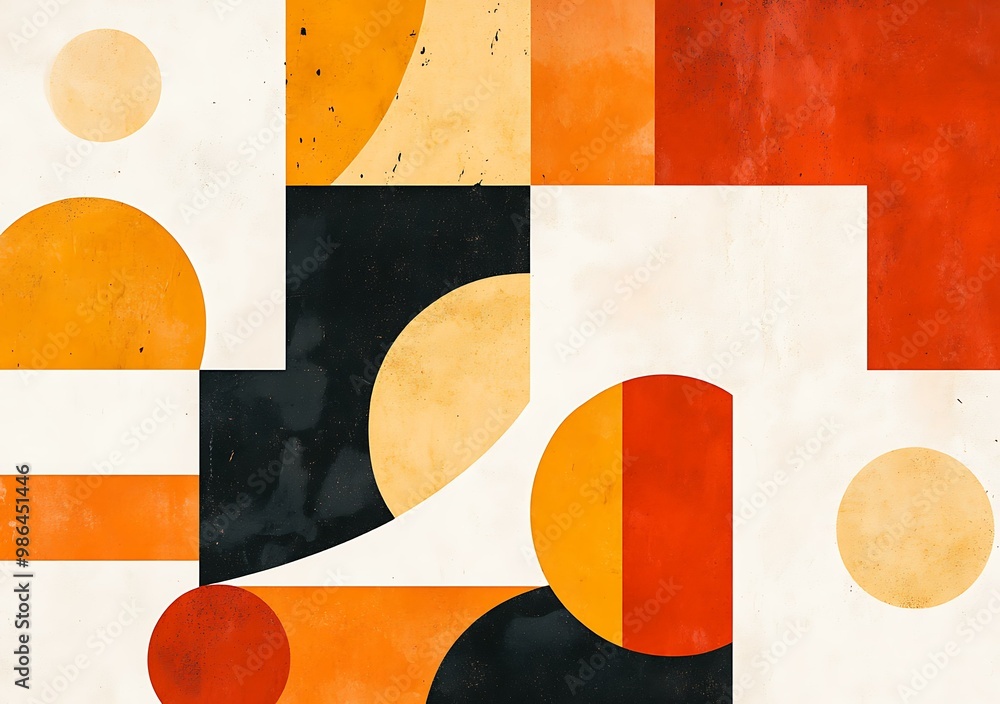 Poster abstract geometric pattern with circles and squares in orange, yellow, and red colors