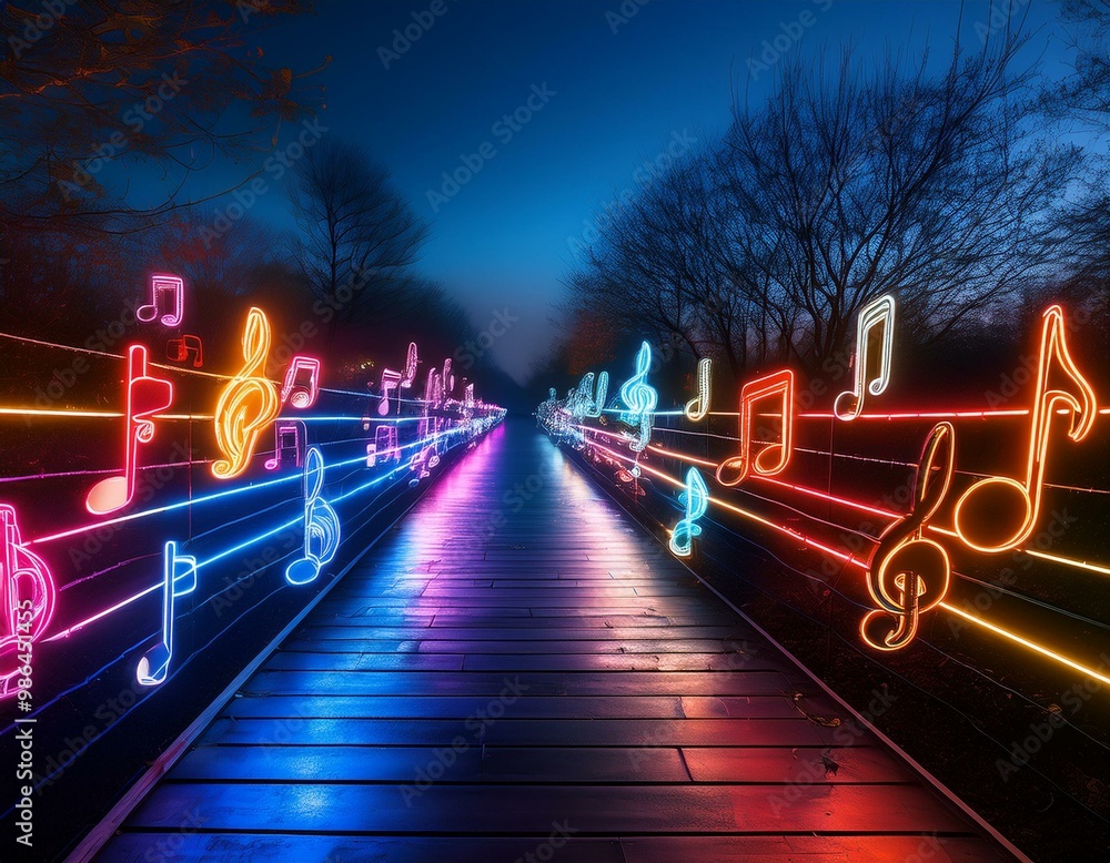 Poster a path of colorful neon musical notes illuminates a dark pathway, creating a whimsical and festive s