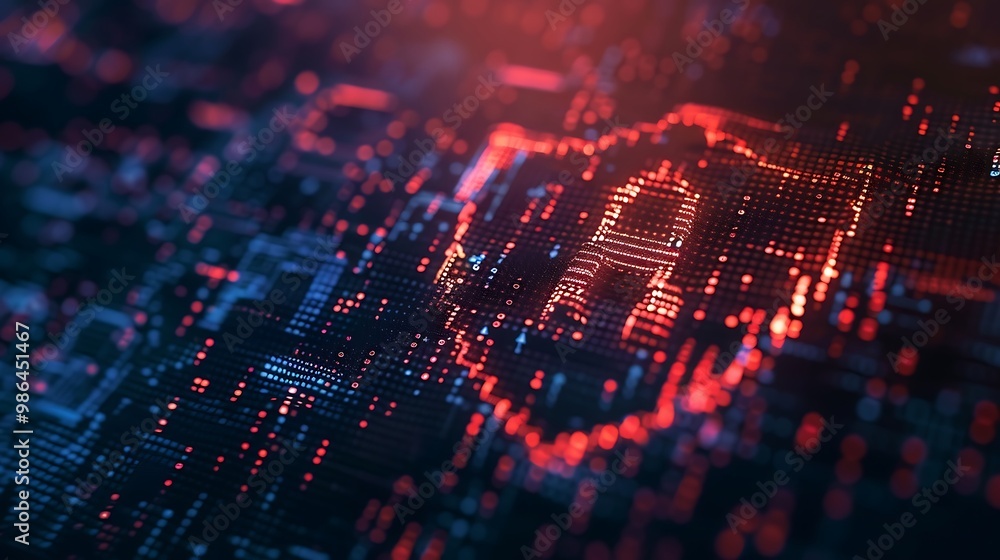 Poster cyber security concept with glowing red shield on dark background. 3d rendering