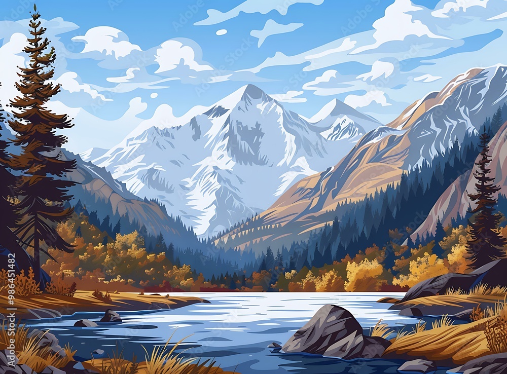 Canvas Prints Mountain Landscape with Lake and Forest