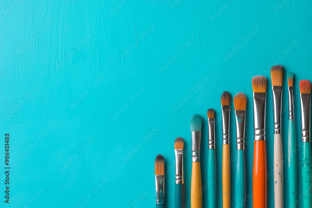 Aufkleber paintbrushes of different sizes and styles arranged neatly on a turquoise background