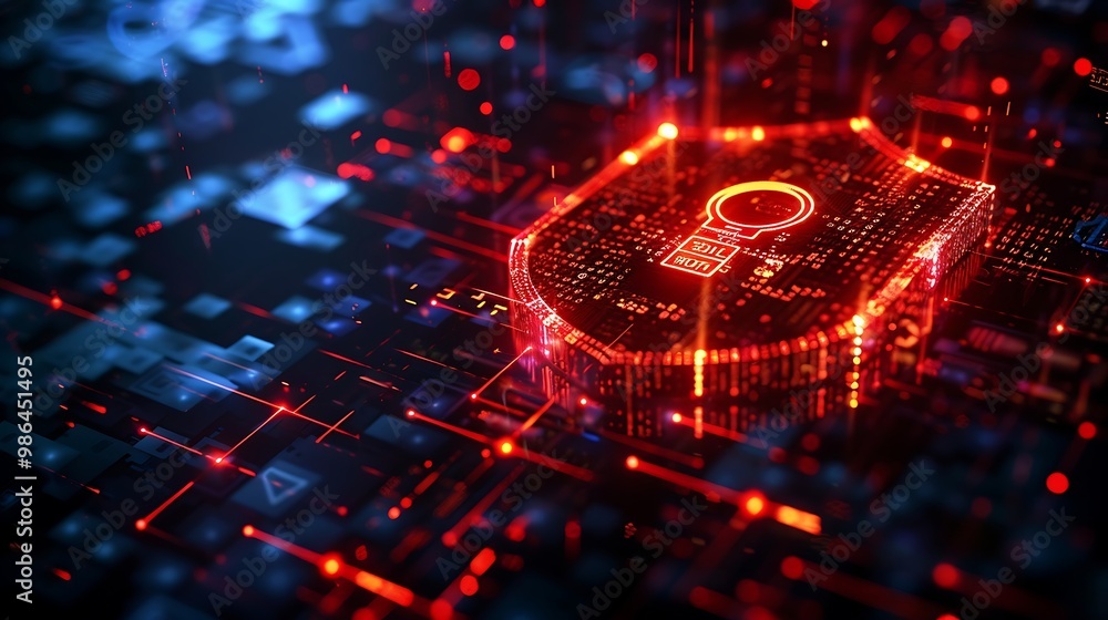 Poster cyber security concept with glowing red shield on dark background. 3d rendering