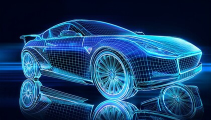 Fototapeta premium An automotive outline and blueprint lines surrounding the car; blue contour lines of a car with a dark background; car and automobile design; 3D illustrated design with blue glowing lines