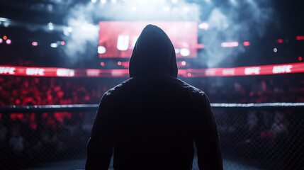 A boxer wearing a hooded robe walks toward the ring, surrounded by smoke and dramatic lighting, preparing for a high-stakes match