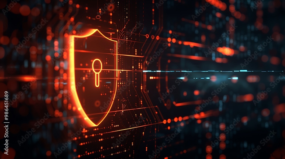 Poster cyber security concept with glowing red shield on dark background. 3d rendering