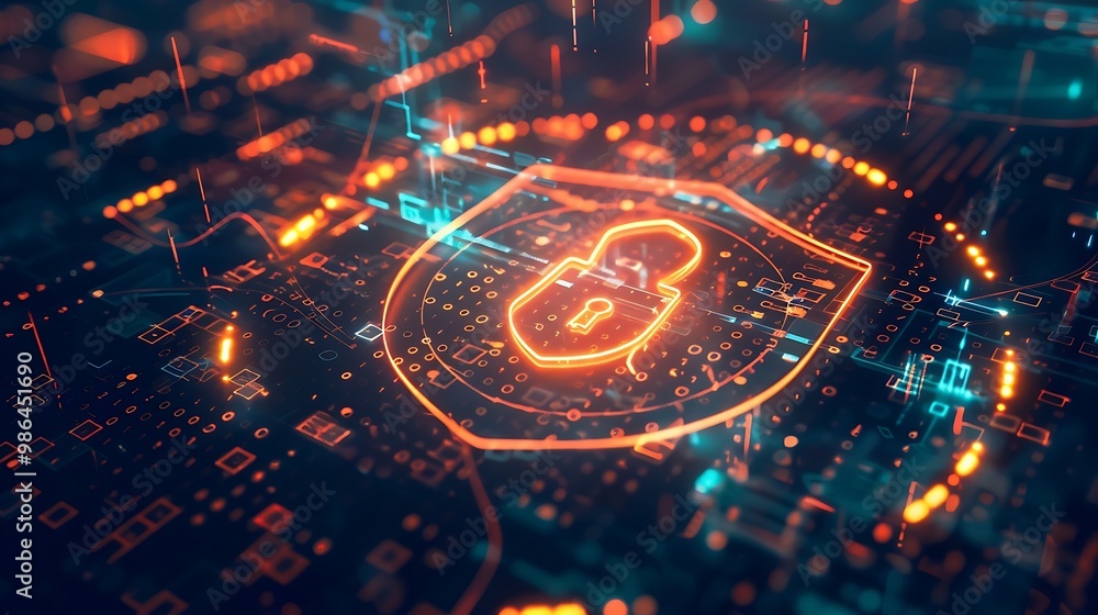 Poster cyber security concept with glowing red shield on dark background. 3d rendering